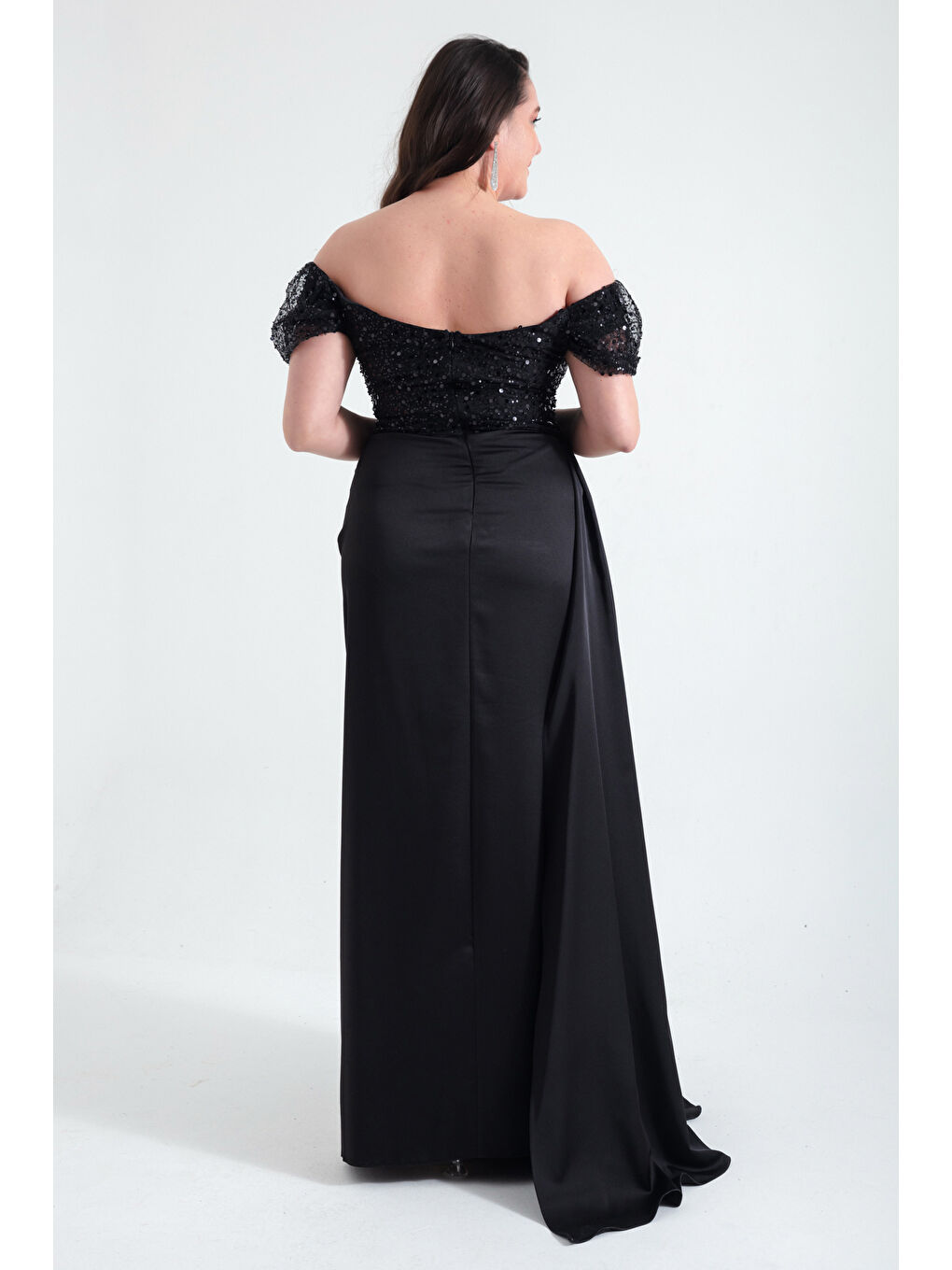 Kadın Siyah Kayık Yaka Taşlı Büyük Beden Uzun Abiye Elbise-4