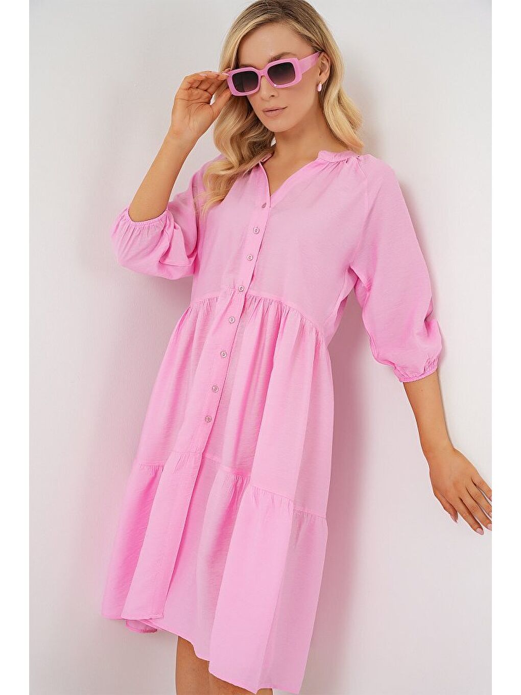 Düğmeli Kısa Kol Elbise 2559 - Pembe-3