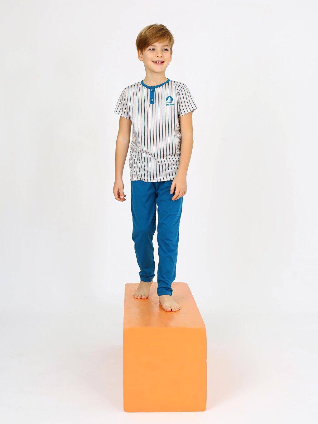 Petrol Erkek Çocuk Kısa Kollu %100 Pamuklu Düğme Detaylı Sailboat Pijama Takımı-2