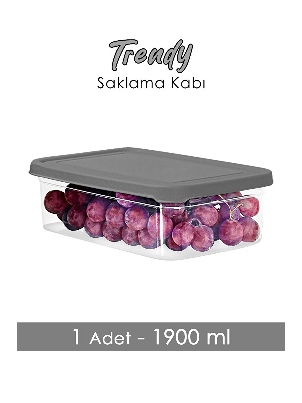 Gri 1 Adet Dikdörtgen Erzak Saklama Kabı 1900 ml