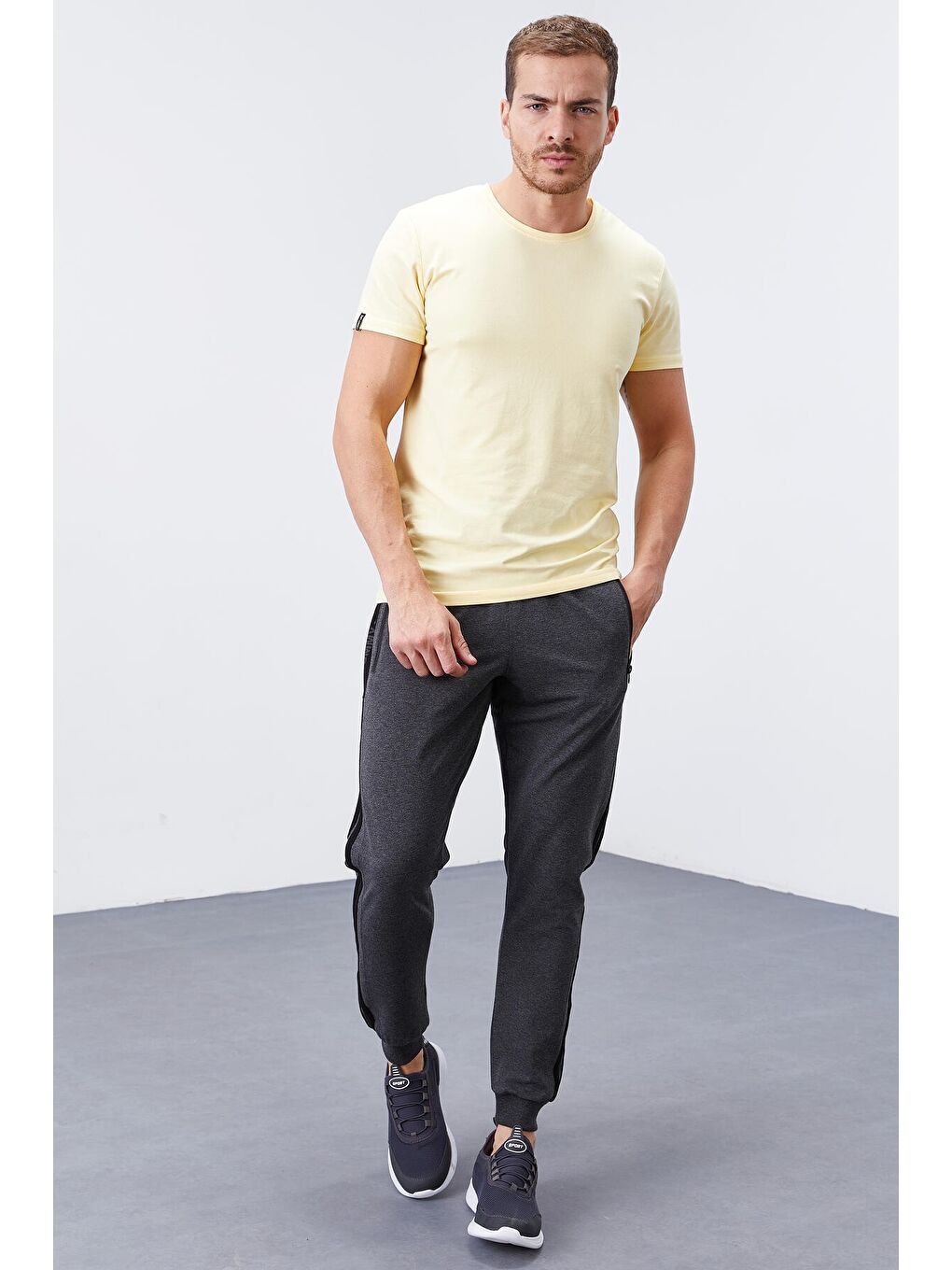 Antrasit Melanj Çift Biye Şeritli Standart Kalıp Erkek Jogger Eşofman Altı- 84694-8