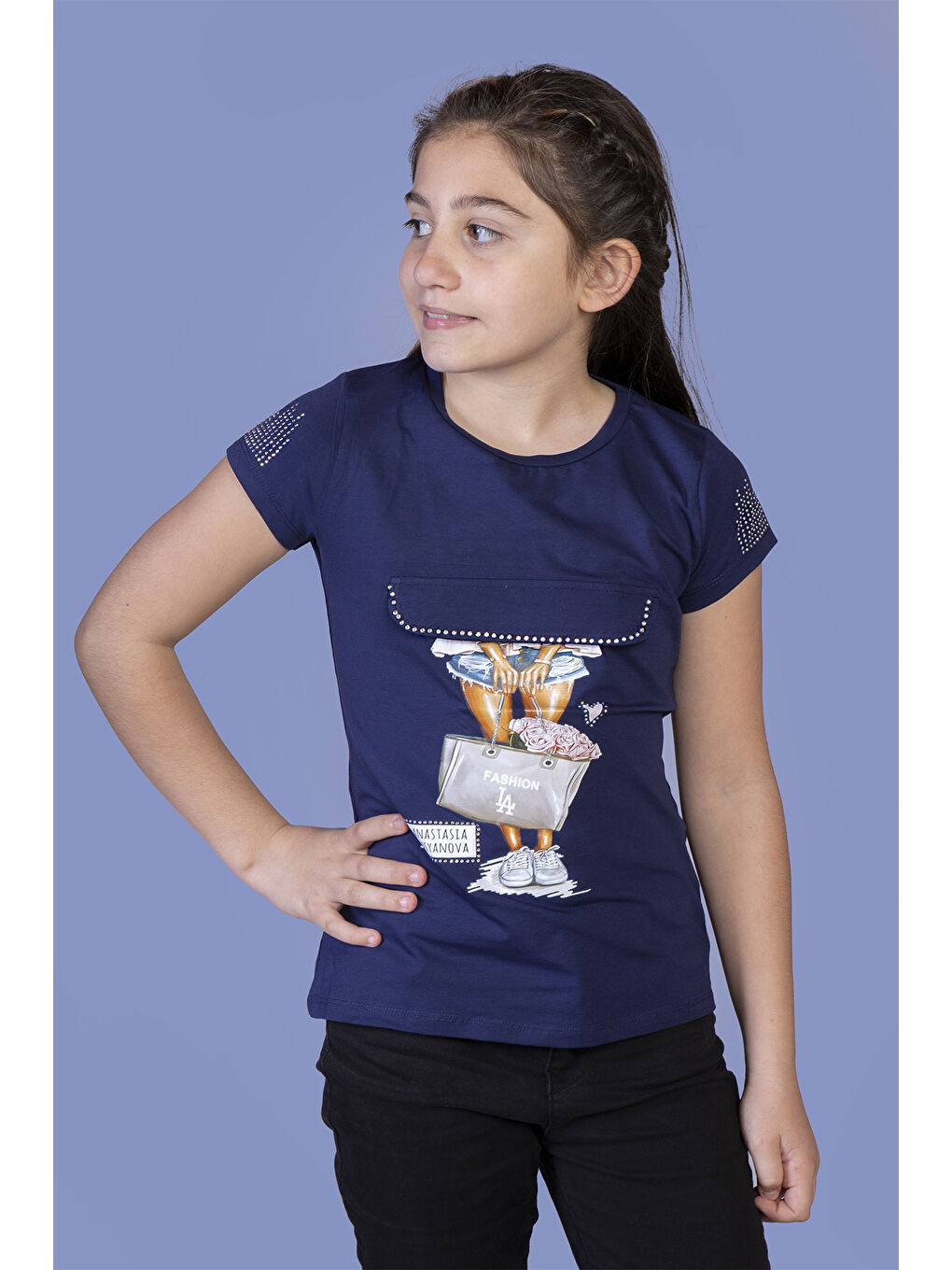 Lacivert Kız Çocuk Baskılı Tişört-0