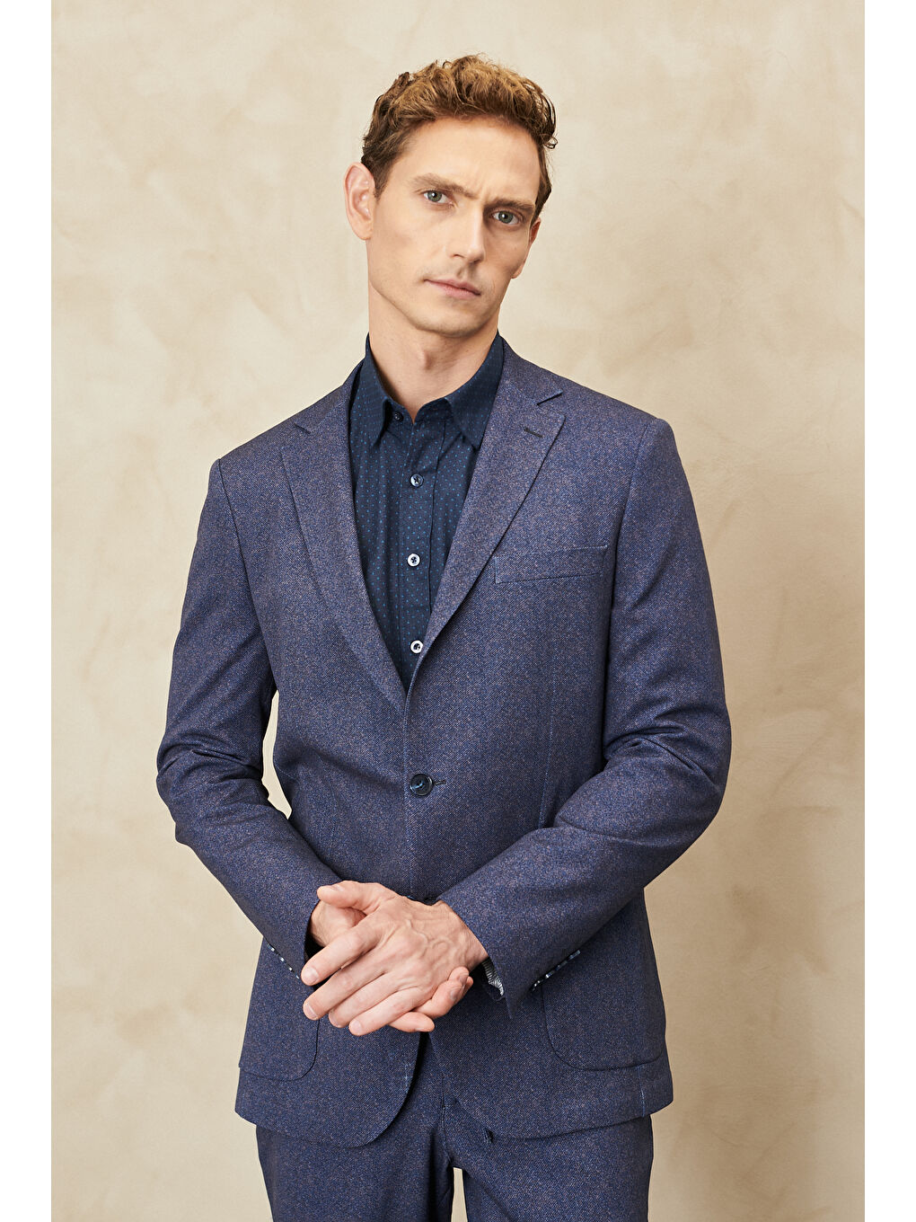 Erkek Lacivert-Kahverengi Slim Fit Dar Kesim Mono Yaka Seyahat Çantalı Desenli Takım Elbise-2