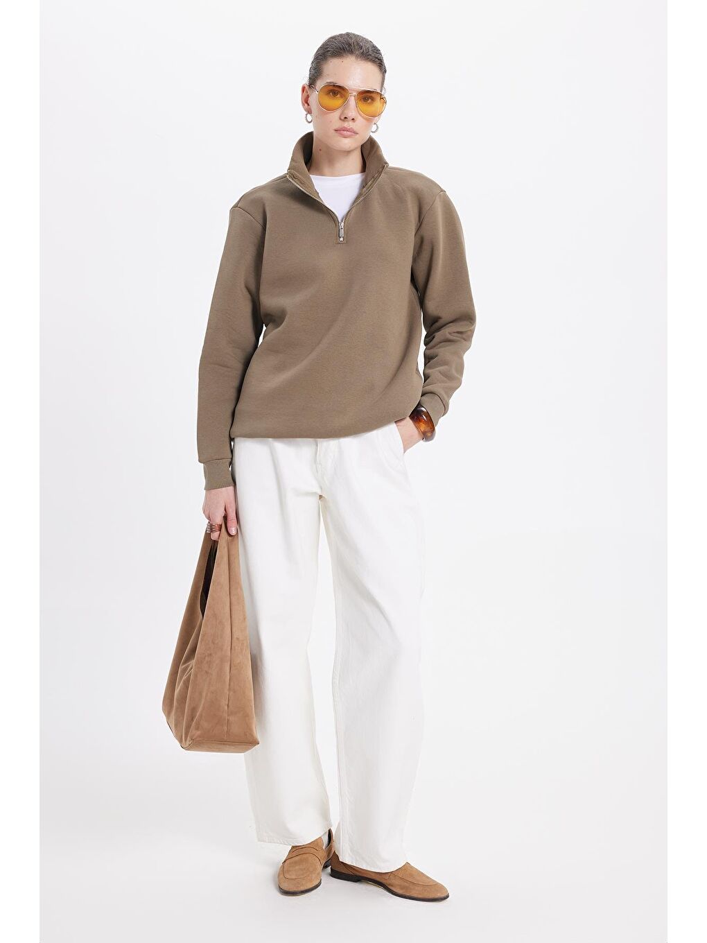 Kadın Relax Fit Rahat Kesim Pamuklu İçi Polarlı Yarım Fermuarlı Haki Dik Yaka Sweatshirt-3