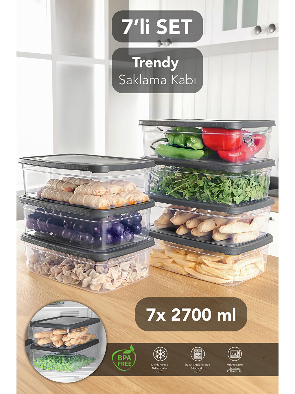 Gri 7 Adet Dikdörtgen Erzak Saklama Kabı 2,7 l