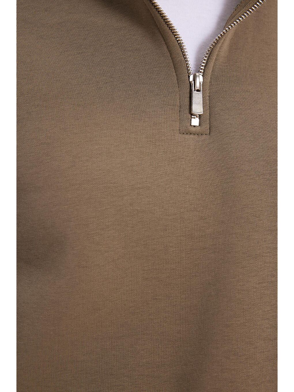 Kadın Relax Fit Rahat Kesim Pamuklu İçi Polarlı Yarım Fermuarlı Haki Dik Yaka Sweatshirt-6