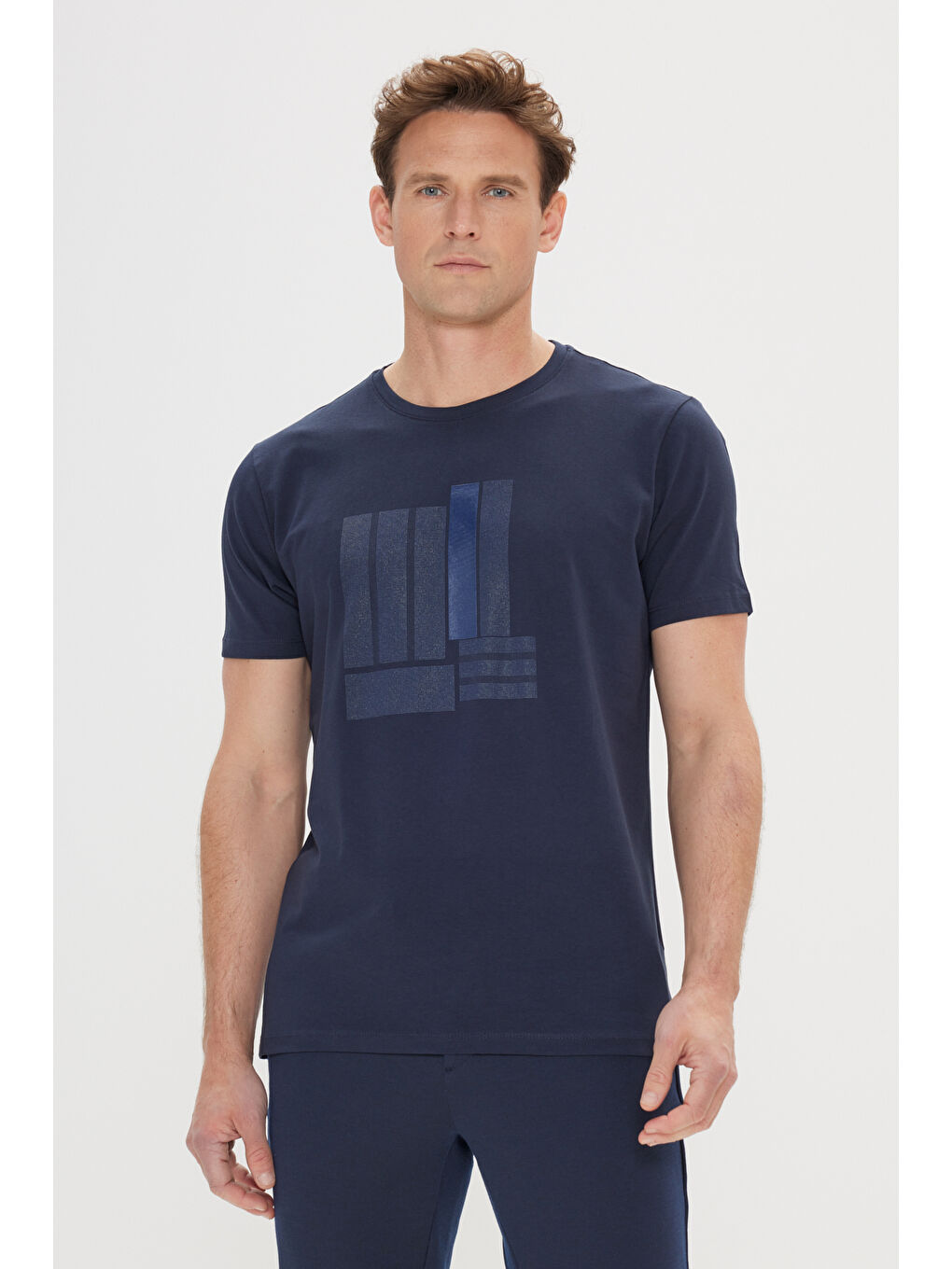 Erkek Lacivert Slim Fit Dar Kesim Pamuklu Esnek Baskılı Bisiklet Yaka Tişört