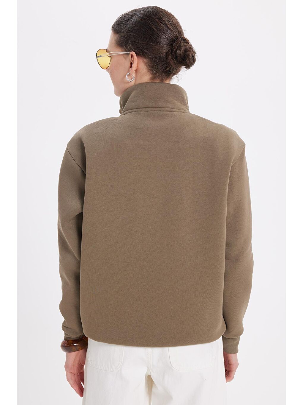 Kadın Relax Fit Rahat Kesim Pamuklu İçi Polarlı Yarım Fermuarlı Haki Dik Yaka Sweatshirt-7