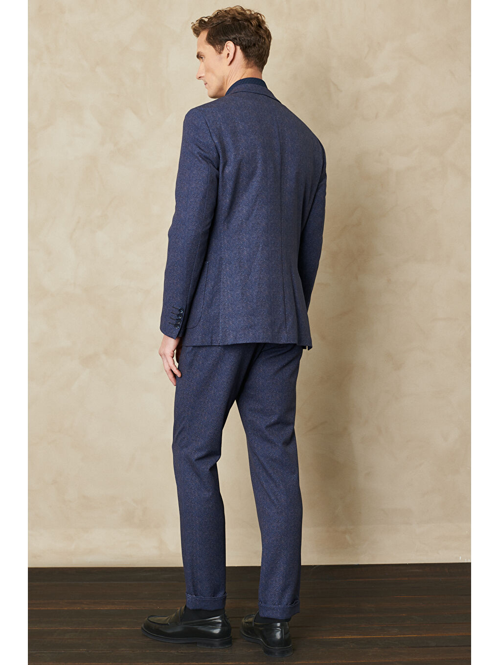 Erkek Lacivert-Kahverengi Slim Fit Dar Kesim Mono Yaka Seyahat Çantalı Desenli Takım Elbise-5