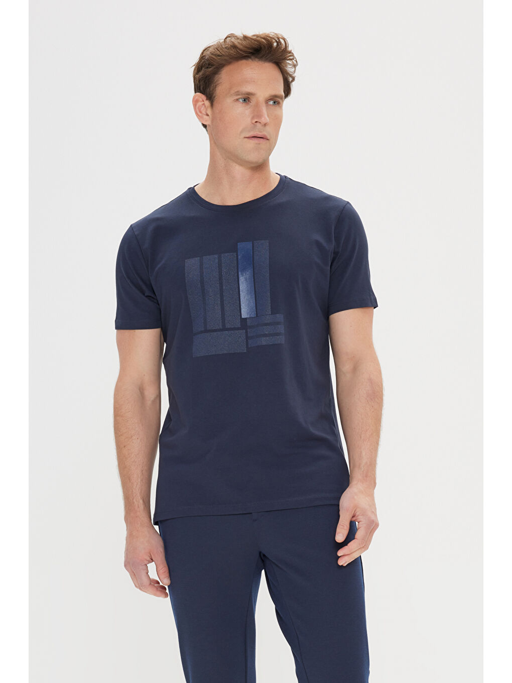 Erkek Lacivert Slim Fit Dar Kesim Pamuklu Esnek Baskılı Bisiklet Yaka Tişört-2