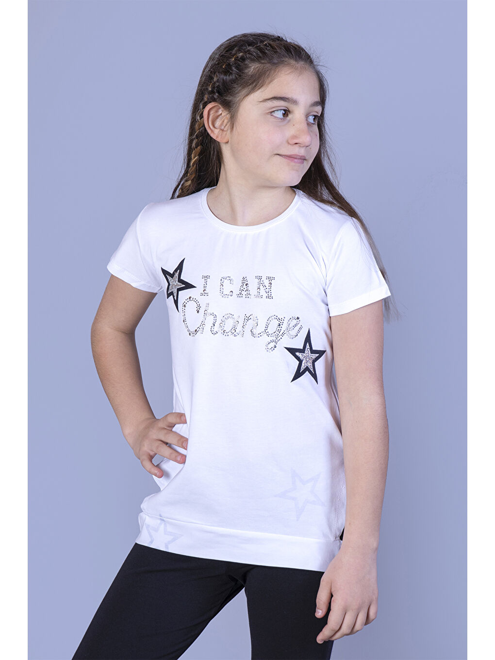 Beyaz Kız Çocuk Yıldız Baskılı Taş İşlemeli Tişört