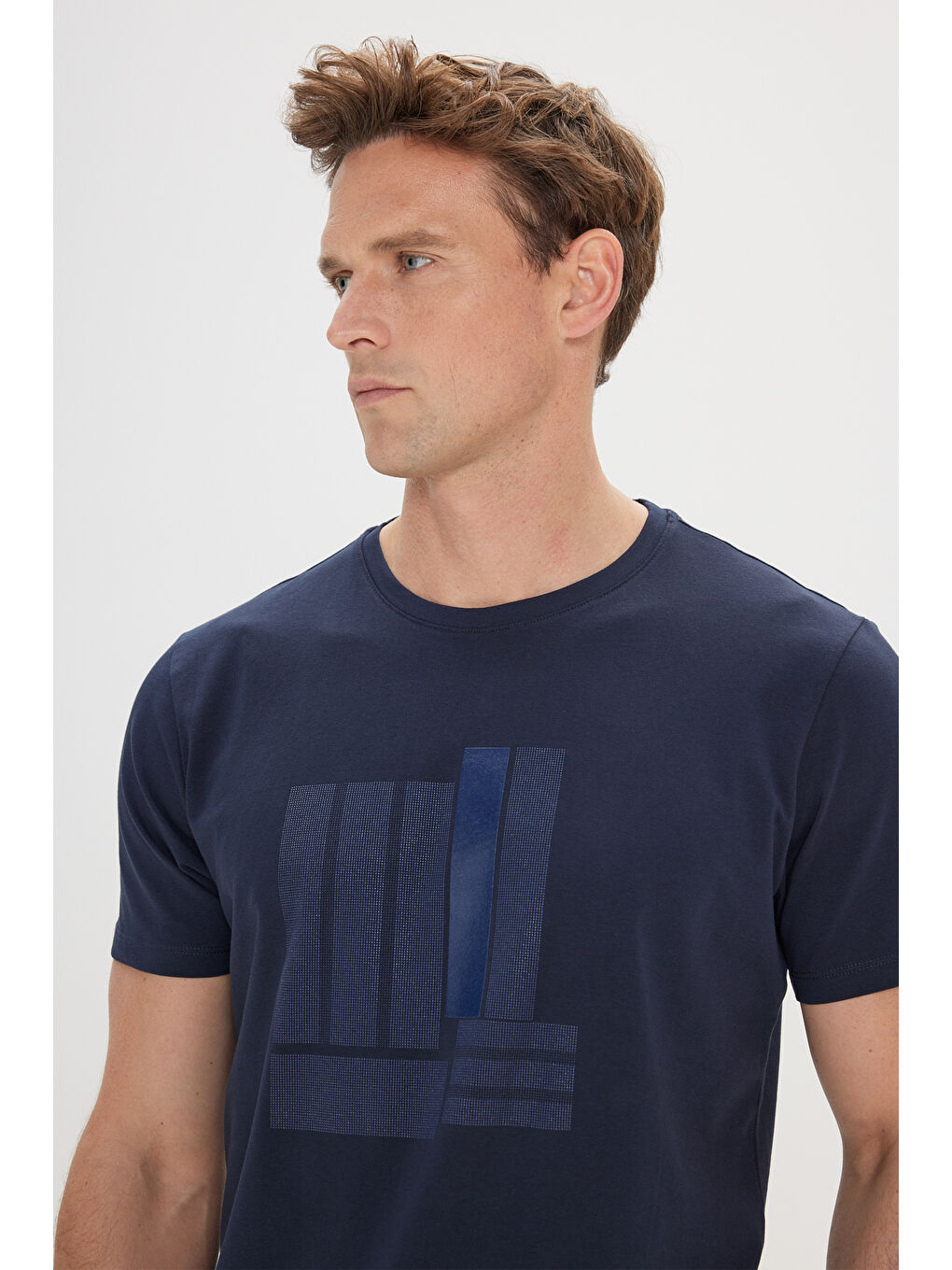 Erkek Lacivert Slim Fit Dar Kesim Pamuklu Esnek Baskılı Bisiklet Yaka Tişört-3