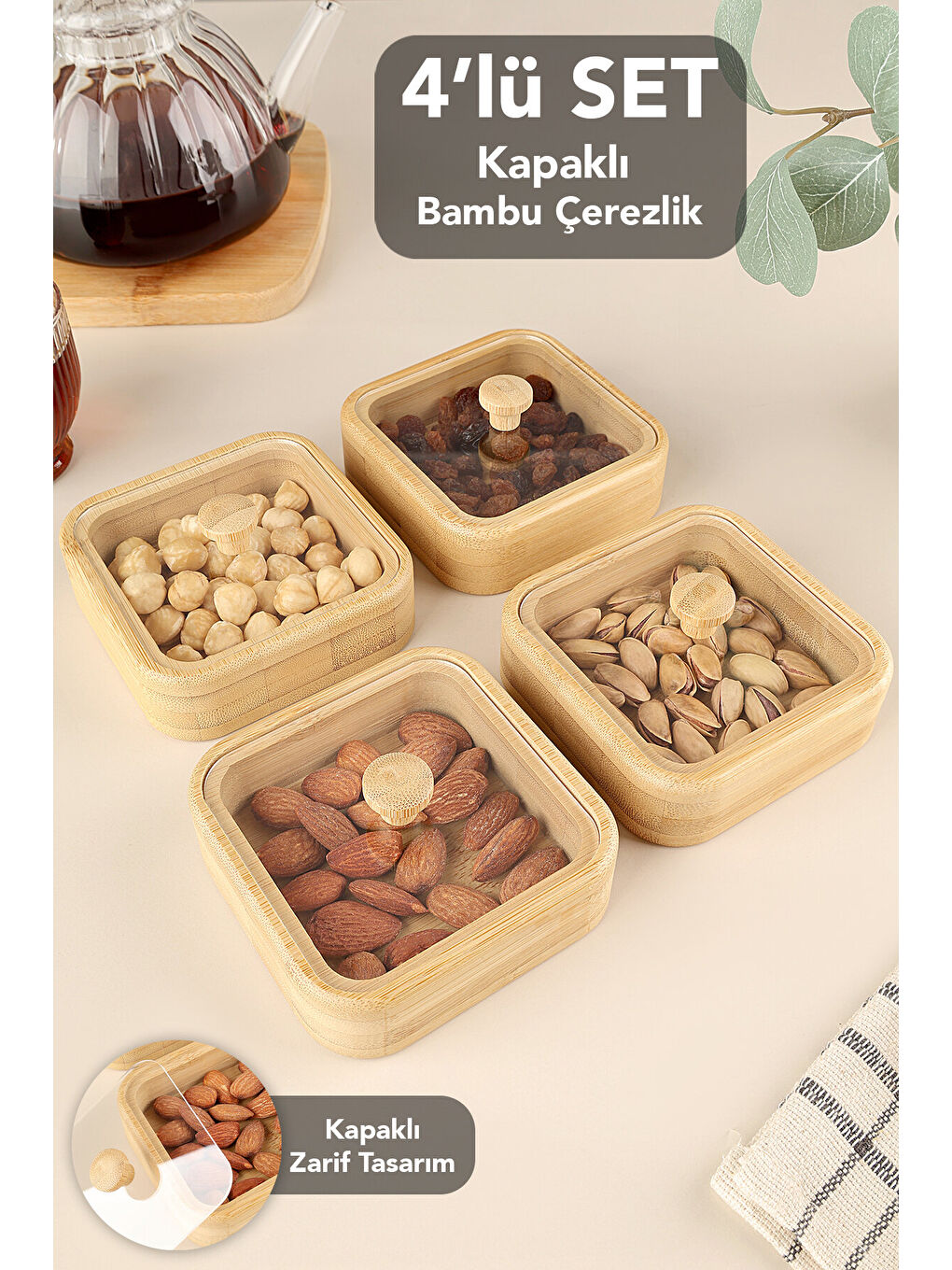 Bej 4'lü Kapaklı Bambu Çerezlik Seti