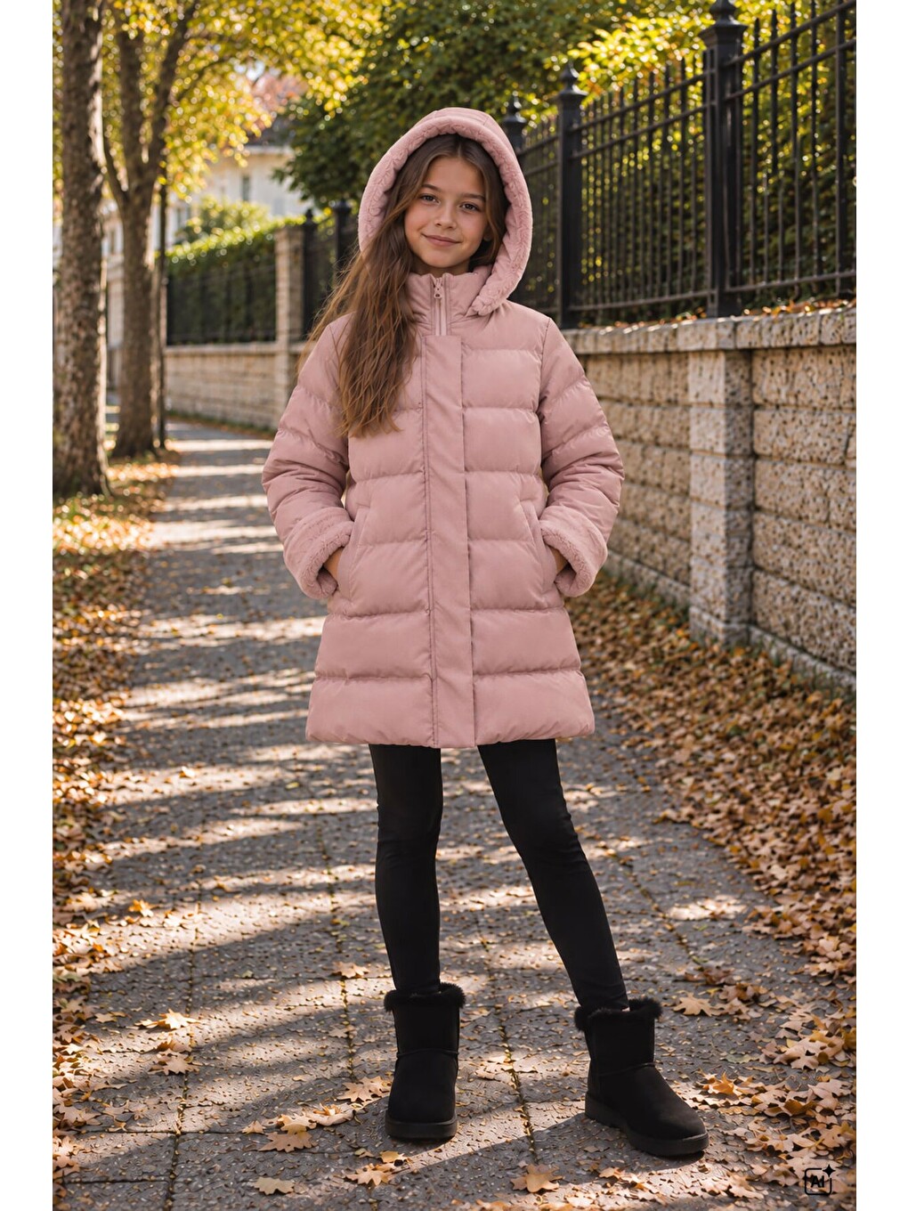 Pembe Kız Çocuk Kolu Kürk Detaylı Çıkarılabilir Kapüşonlu İçi Astarlı Şişme Mont 24873-1