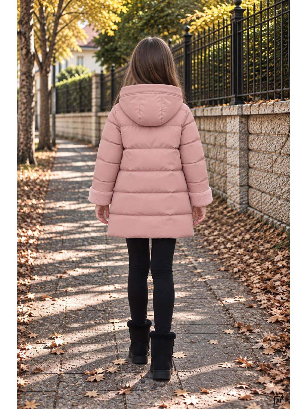 Pembe Kız Çocuk Kolu Kürk Detaylı Çıkarılabilir Kapüşonlu İçi Astarlı Şişme Mont 24873-2