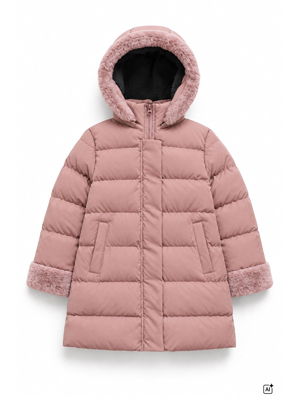 Pembe Kız Çocuk Kolu Kürk Detaylı Çıkarılabilir Kapüşonlu İçi Astarlı Şişme Mont 24873-3