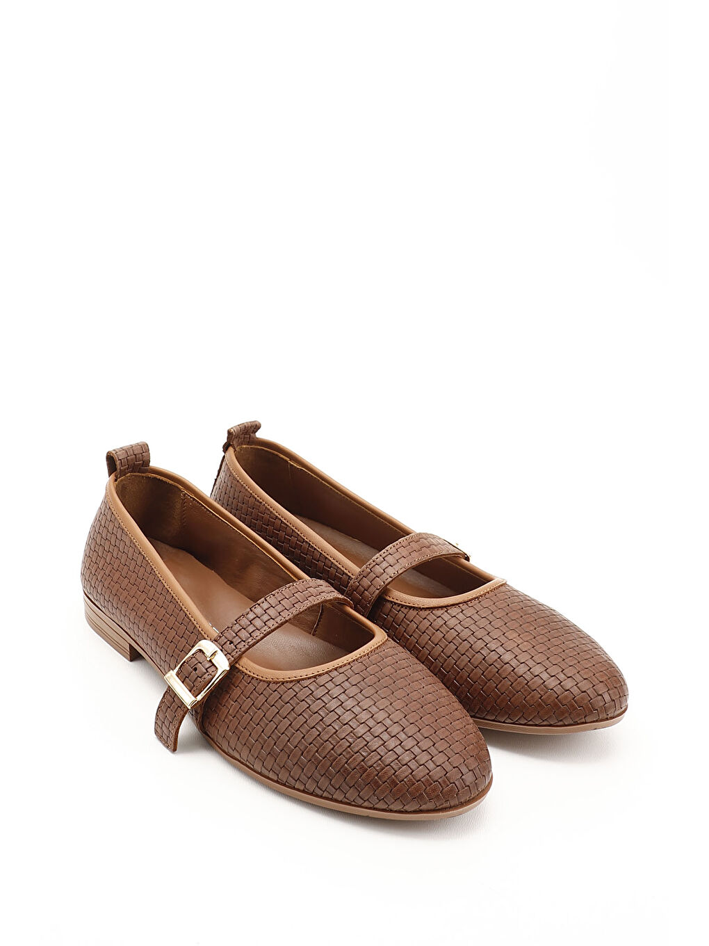 Kahverengi Kadın TABA Hasır Baskılı Hakiki Deri Babet-1