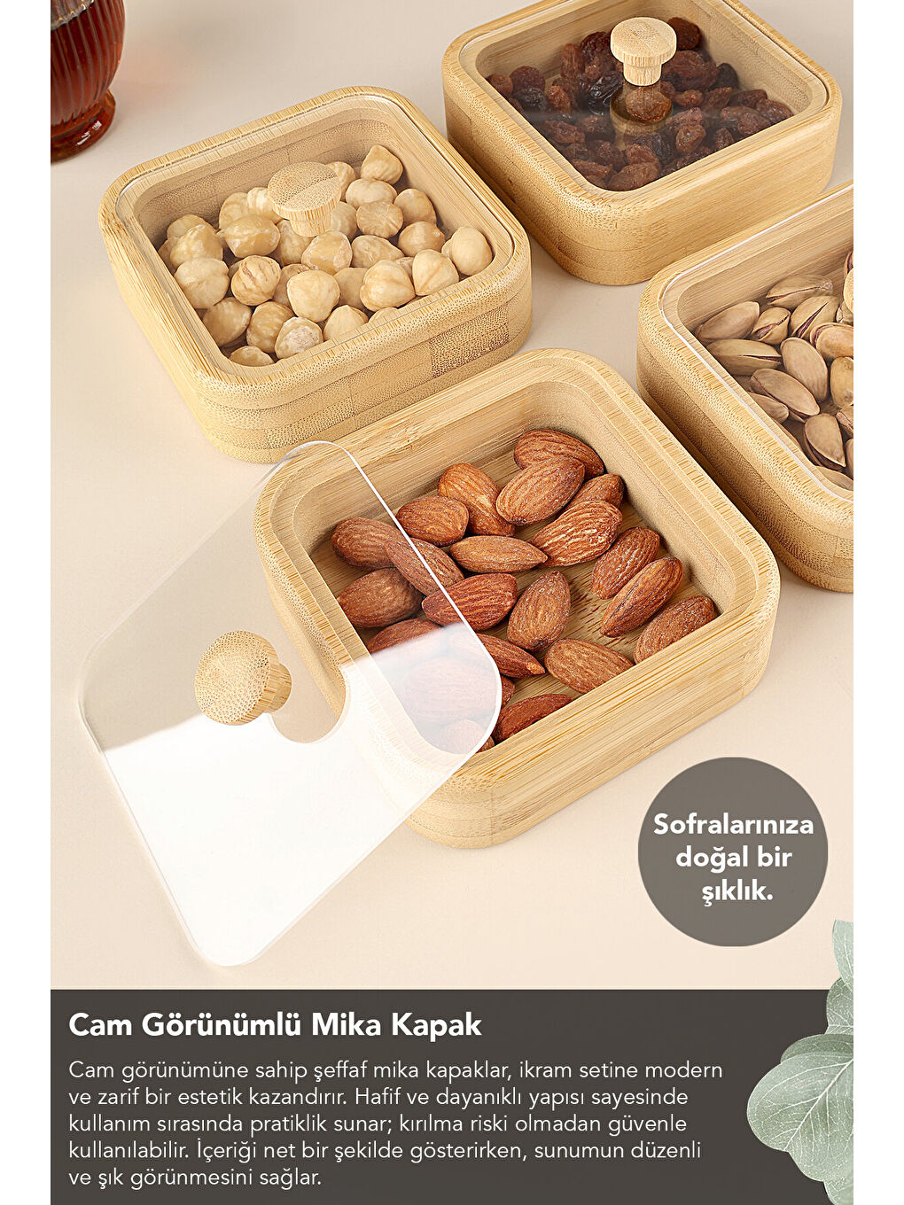 Bej 4'lü Kapaklı Bambu Çerezlik Seti-1