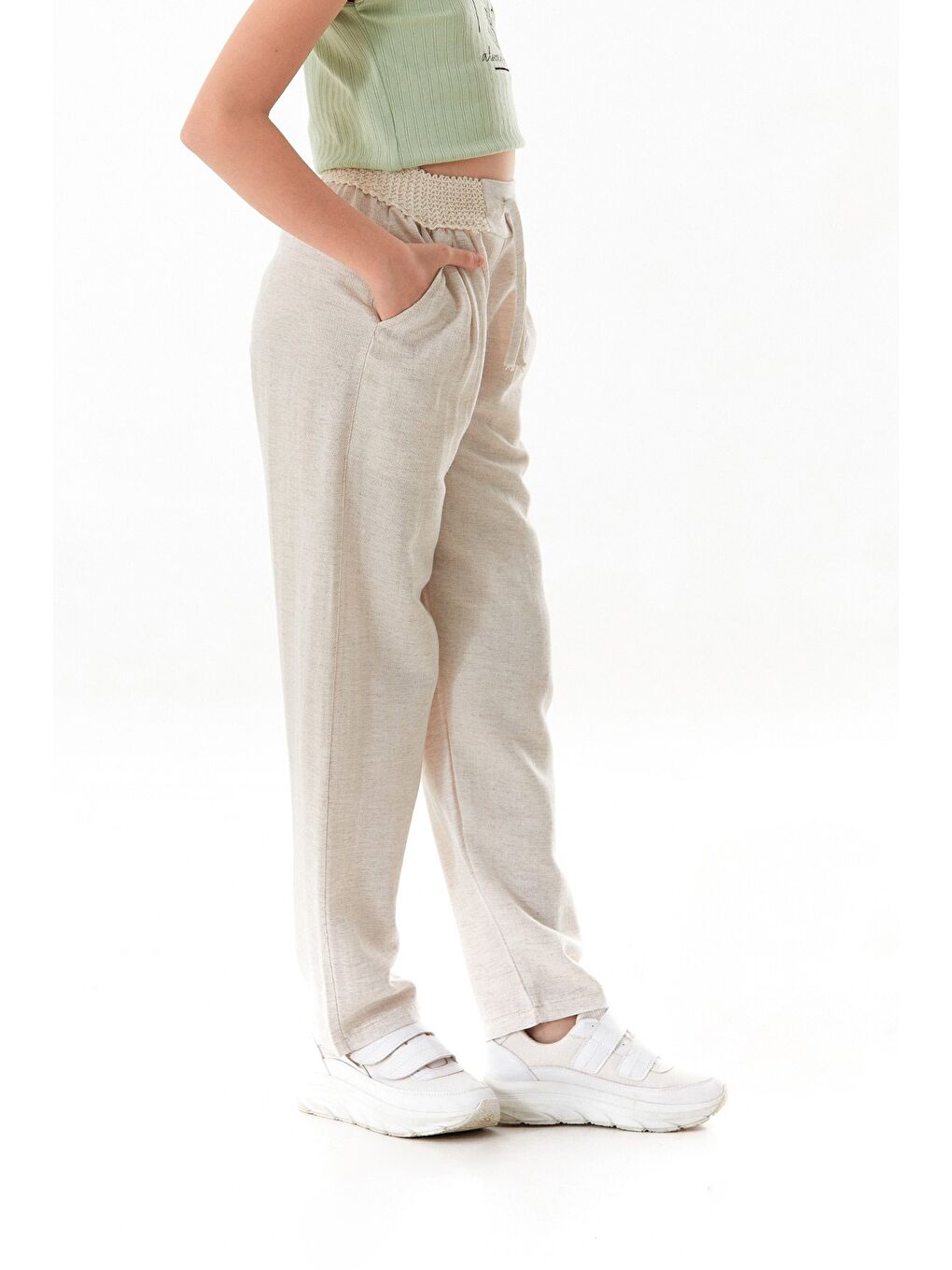 Bej Beli Lastikli Kız Çocuk Keten Pantolon
