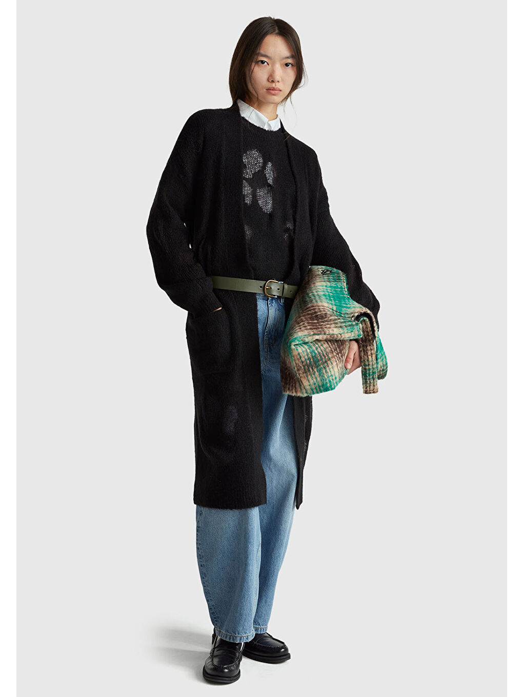 Kadın Siyah Yün Karışımlı Ribana Detaylı Cepli Uzun Hırka-4