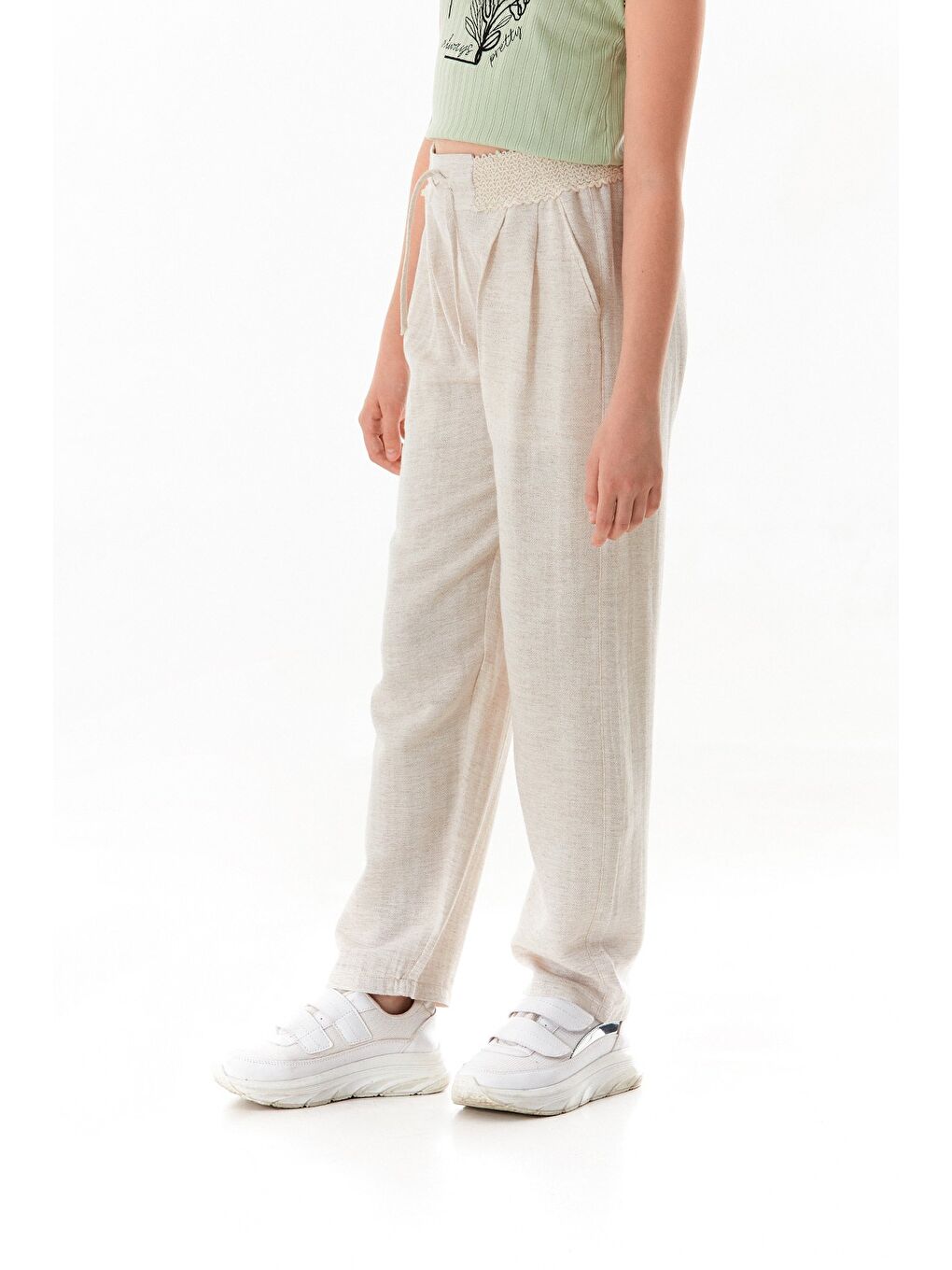 Bej Beli Lastikli Kız Çocuk Keten Pantolon-2