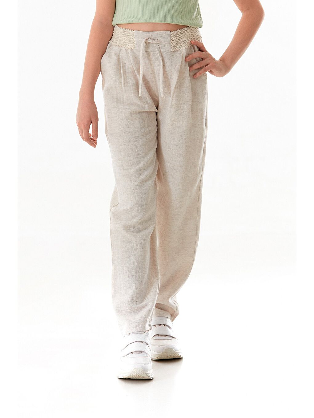 Bej Beli Lastikli Kız Çocuk Keten Pantolon-3
