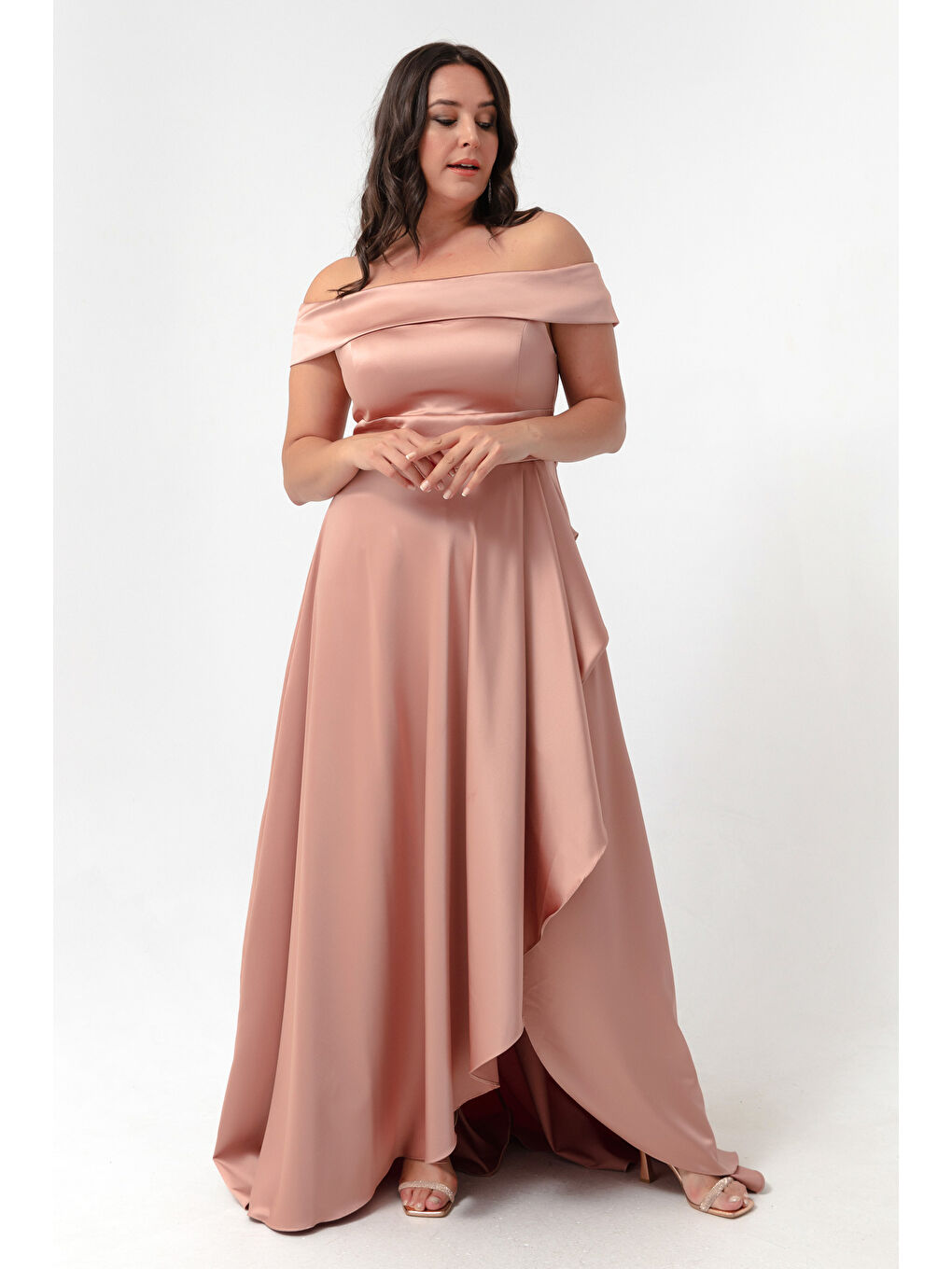 Pembe Kadın Pudra Kayık Yaka Büyük Beden Saten Abiye & Mezuniyet Elbisesi-1