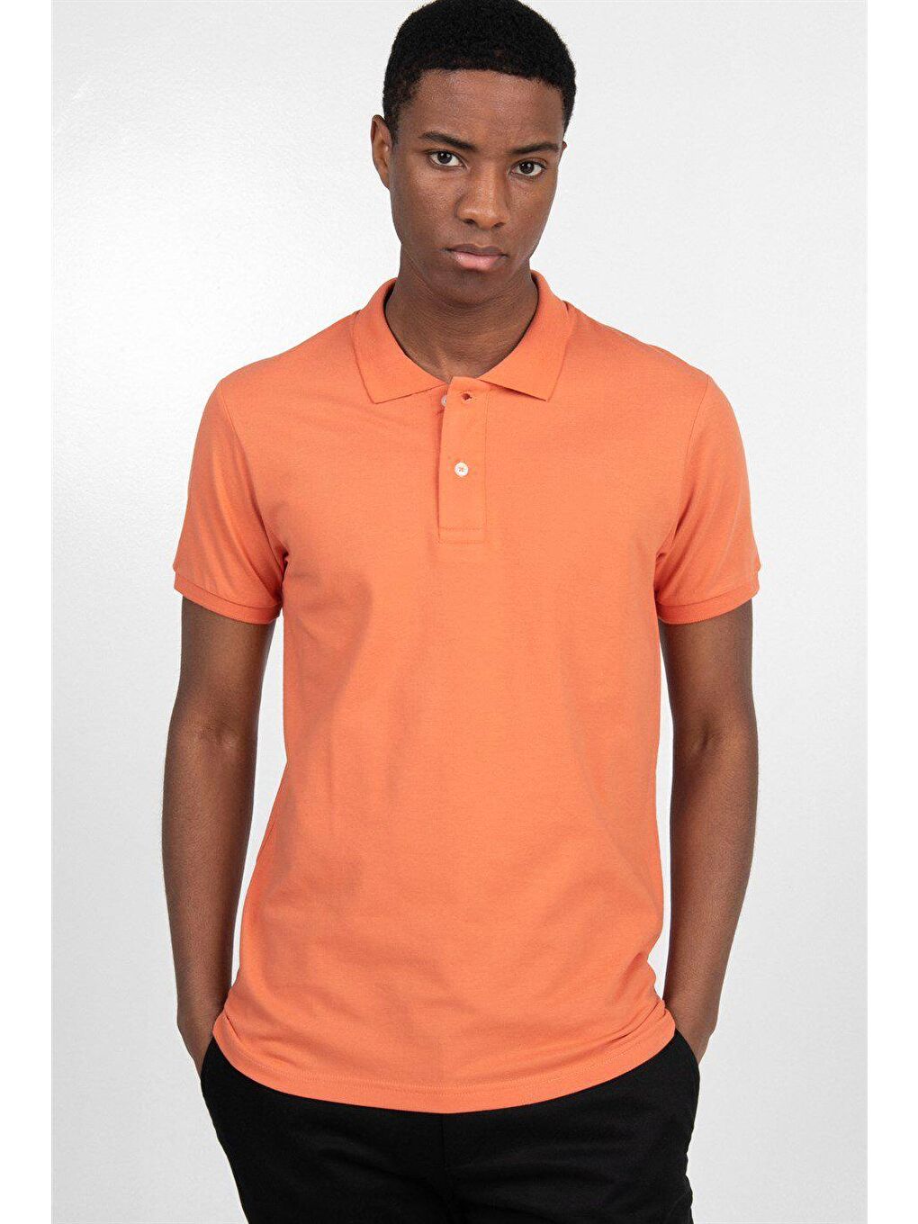 Turuncu Erkek Slim Fit Dar Kesim Düz Pike turuncu Polo Yaka Tişört