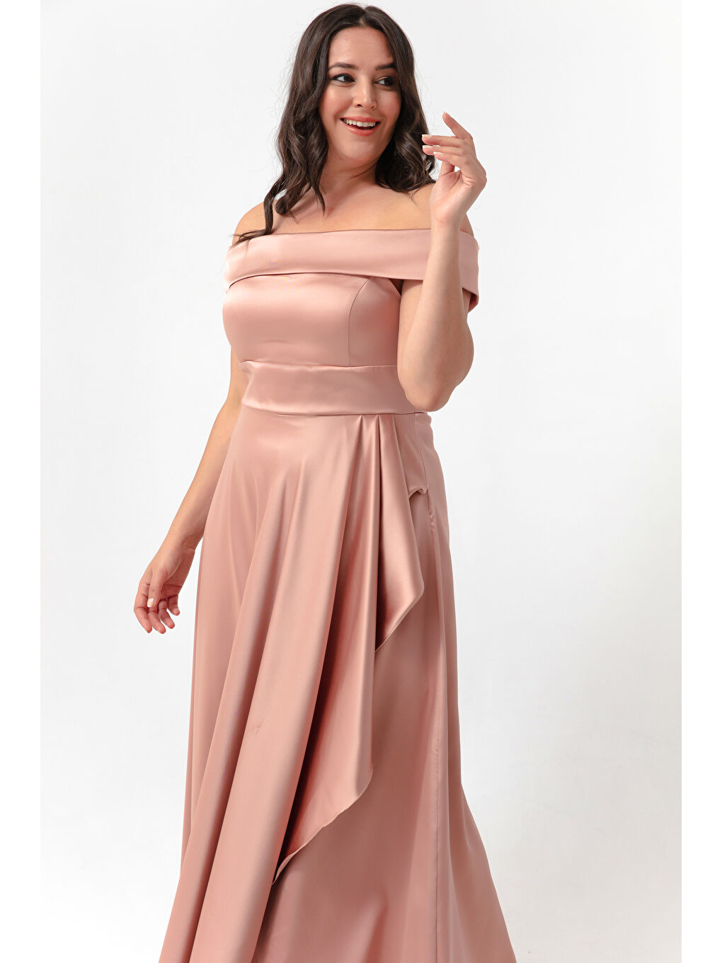 Pembe Kadın Pudra Kayık Yaka Büyük Beden Saten Abiye & Mezuniyet Elbisesi-2