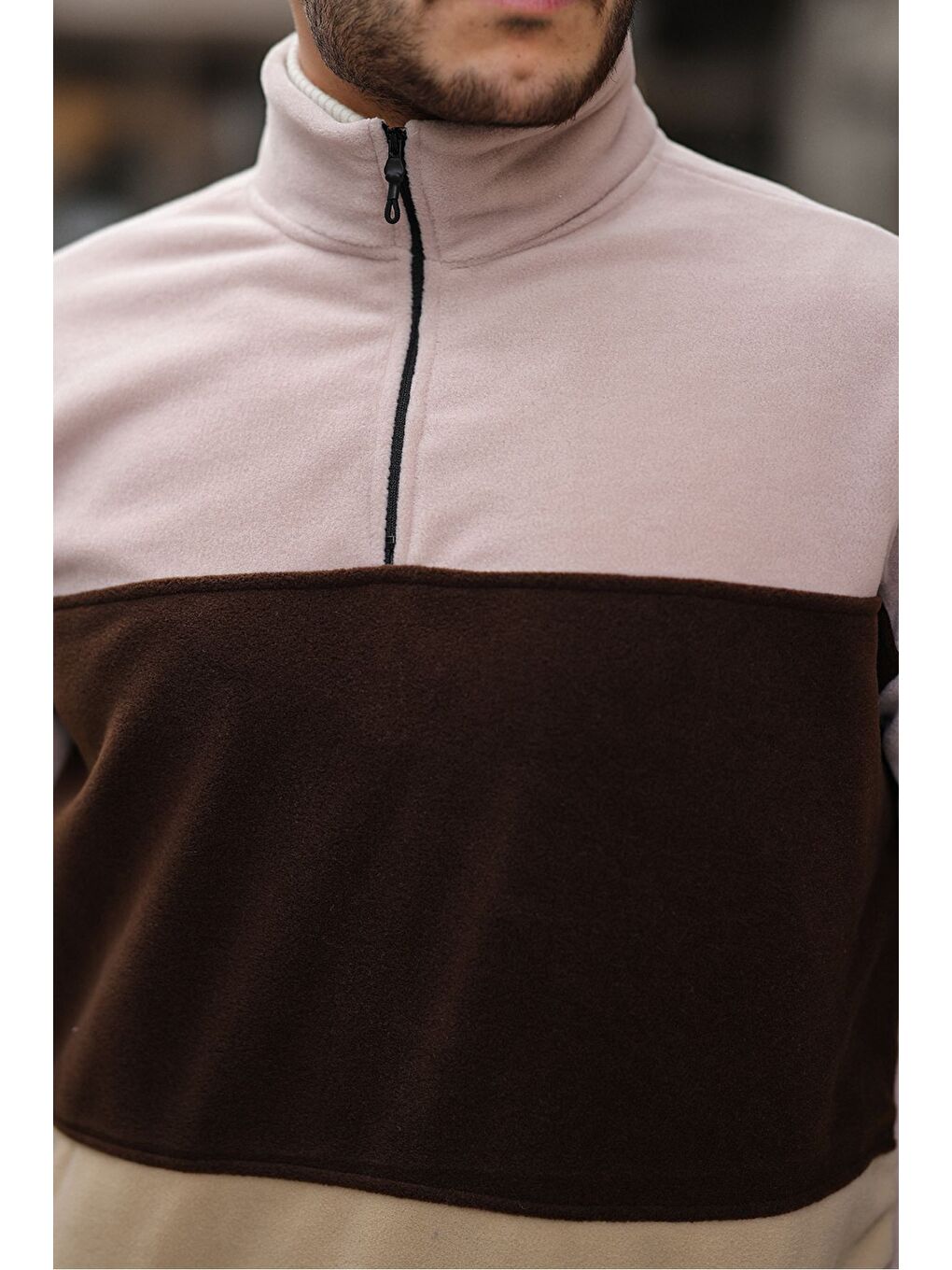Bej Yarım Fermuarlı Üç Renk Polar Sweatshirt-1