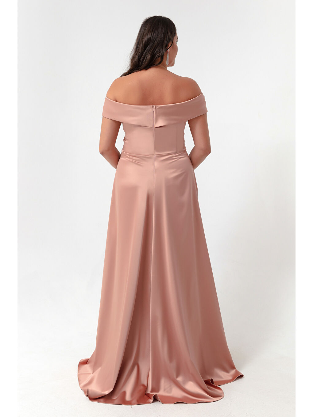 Pembe Kadın Pudra Kayık Yaka Büyük Beden Saten Abiye & Mezuniyet Elbisesi-4