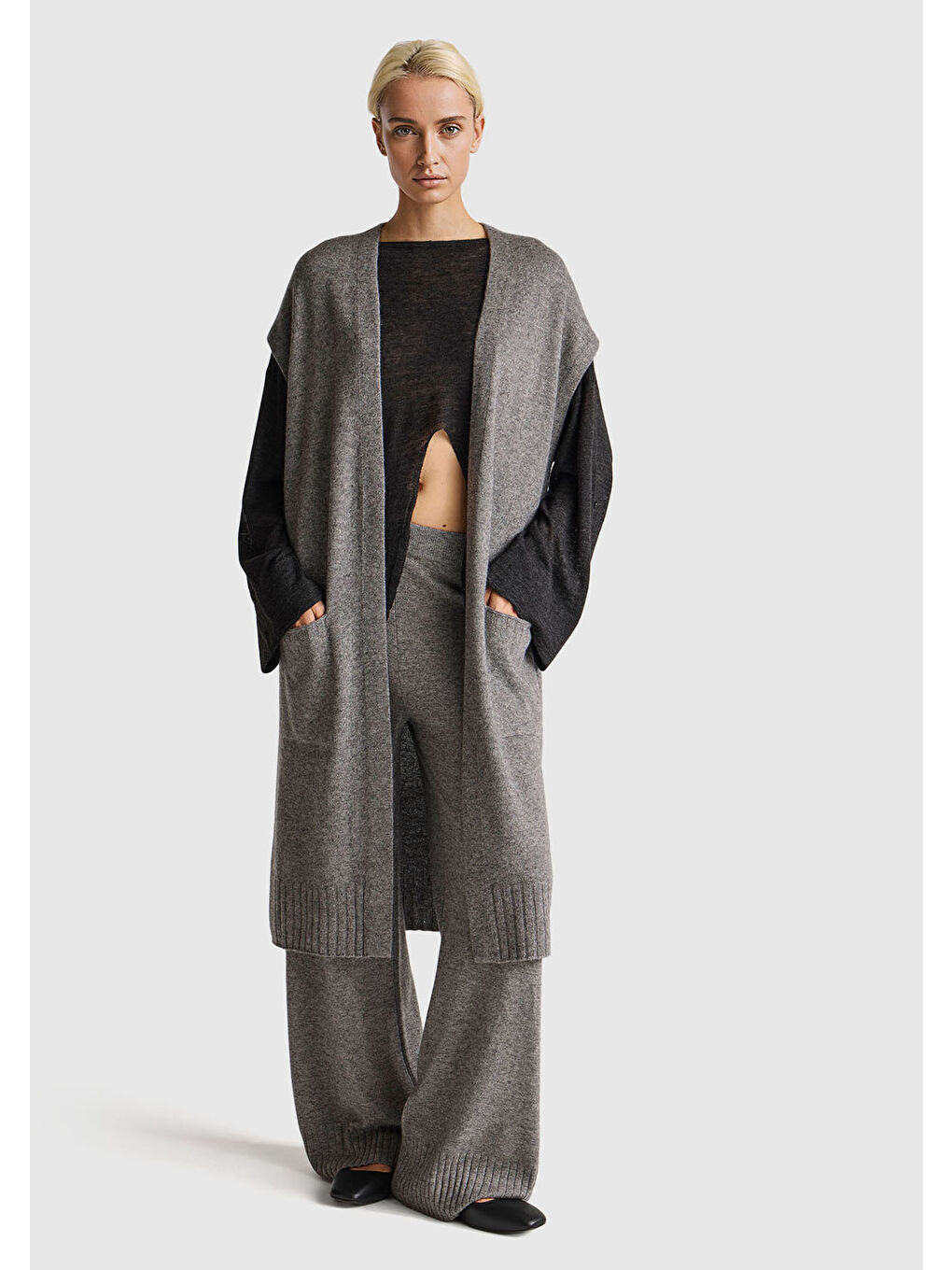 Gri Kadın Antrasit Melanj Yün ve Kaşmir Karışımlı Ribana Detaylı Kısa Kollu Uzun Hırka