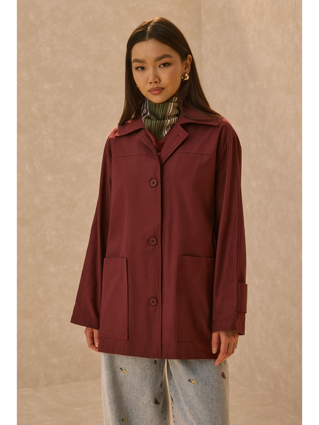 Basic Gabardin Ceket Bordo-2