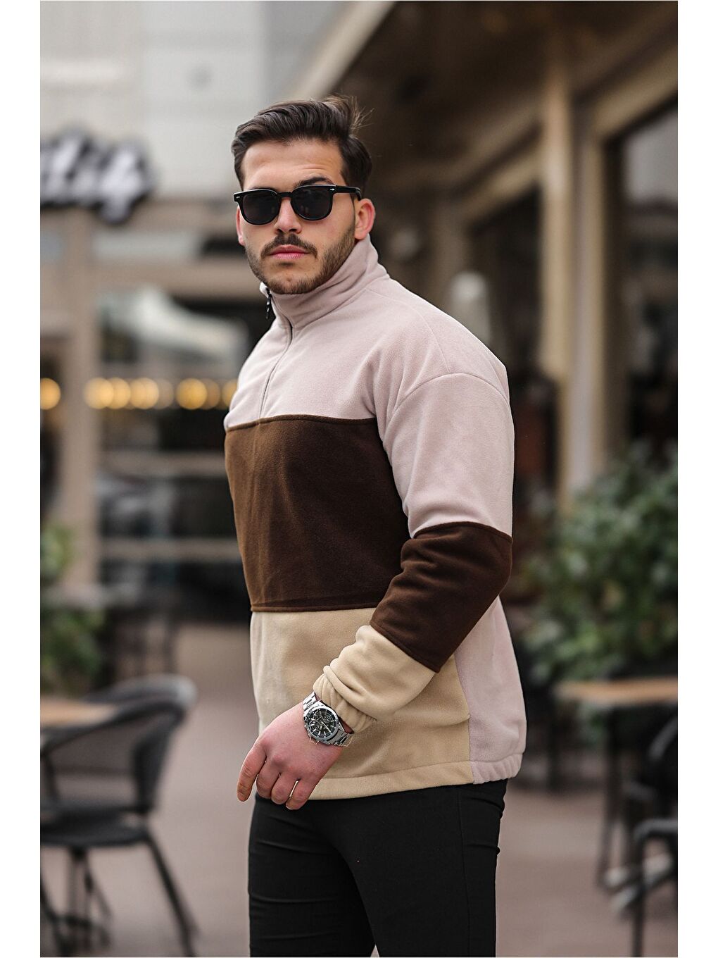 Bej Yarım Fermuarlı Üç Renk Polar Sweatshirt-2