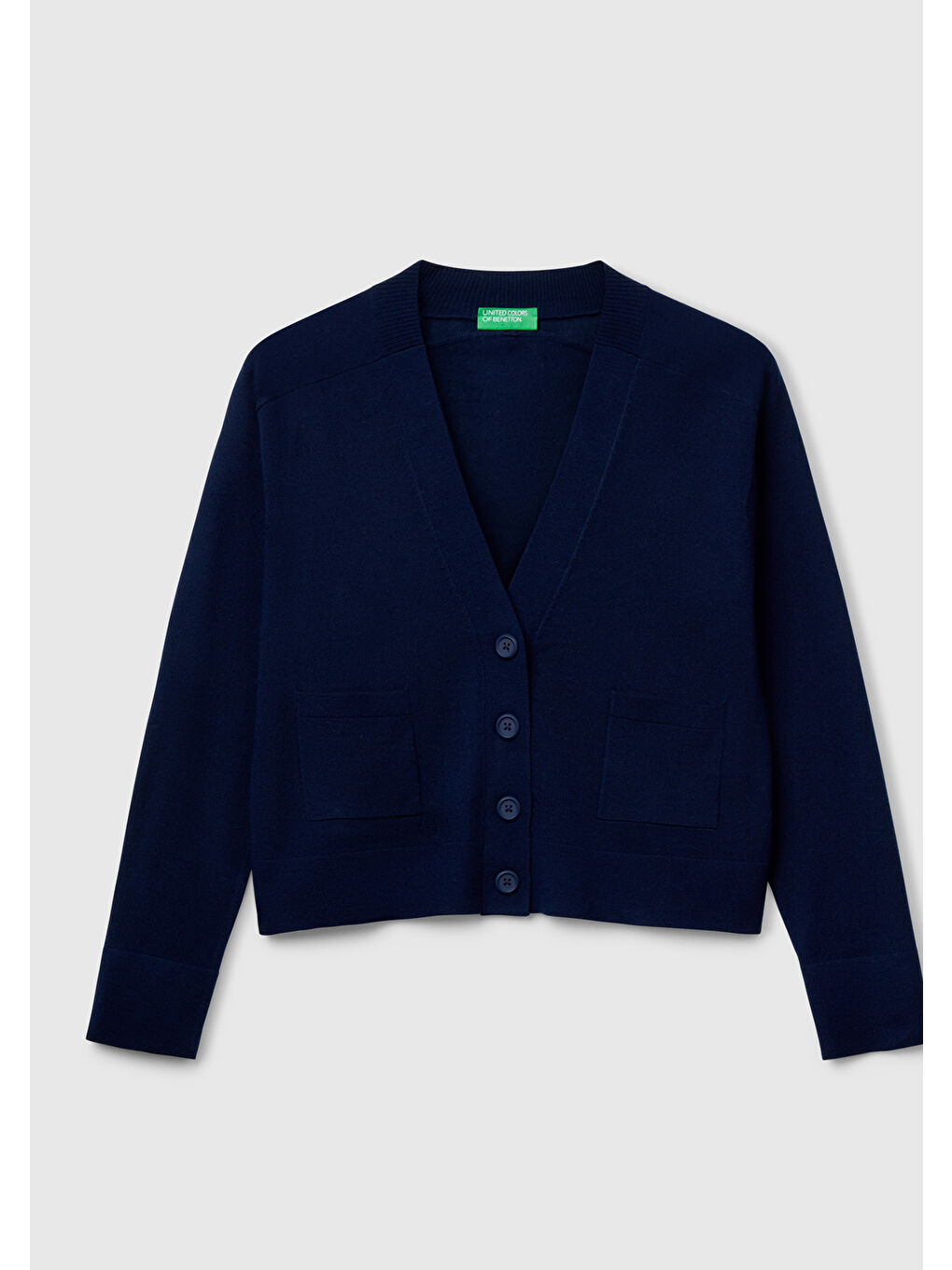 Kadın Lacivert %100 Yün Önü Cep Detaylı Düğmeli V Yaka Hırka-1