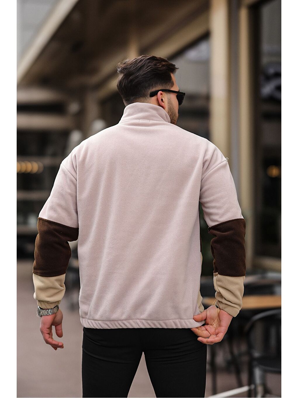 Bej Yarım Fermuarlı Üç Renk Polar Sweatshirt-3
