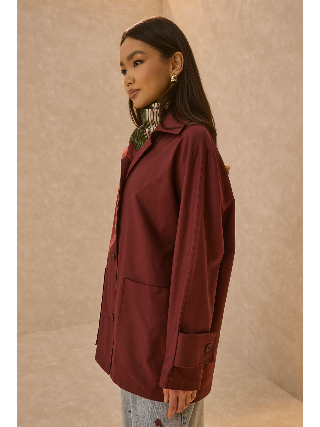 Basic Gabardin Ceket Bordo-3