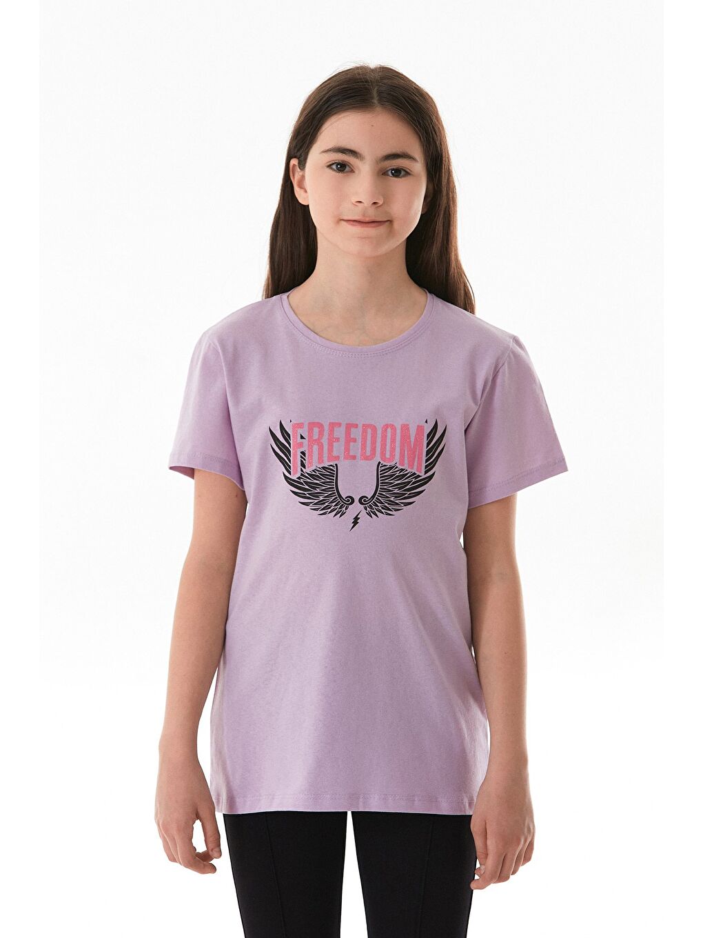 Lila %100 Pamuk Freedom Yazı Baskılı Kız Çocuk Tişört-3