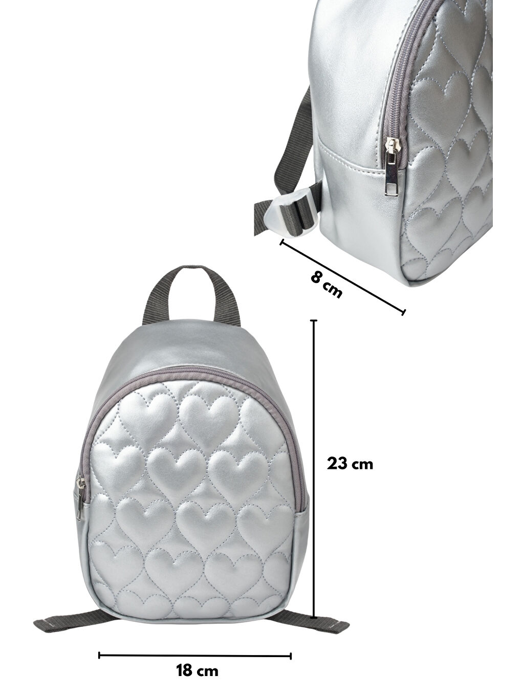 Gri Gümüş Kalp Desenli Kız Çocuk Sırt Çantası-3