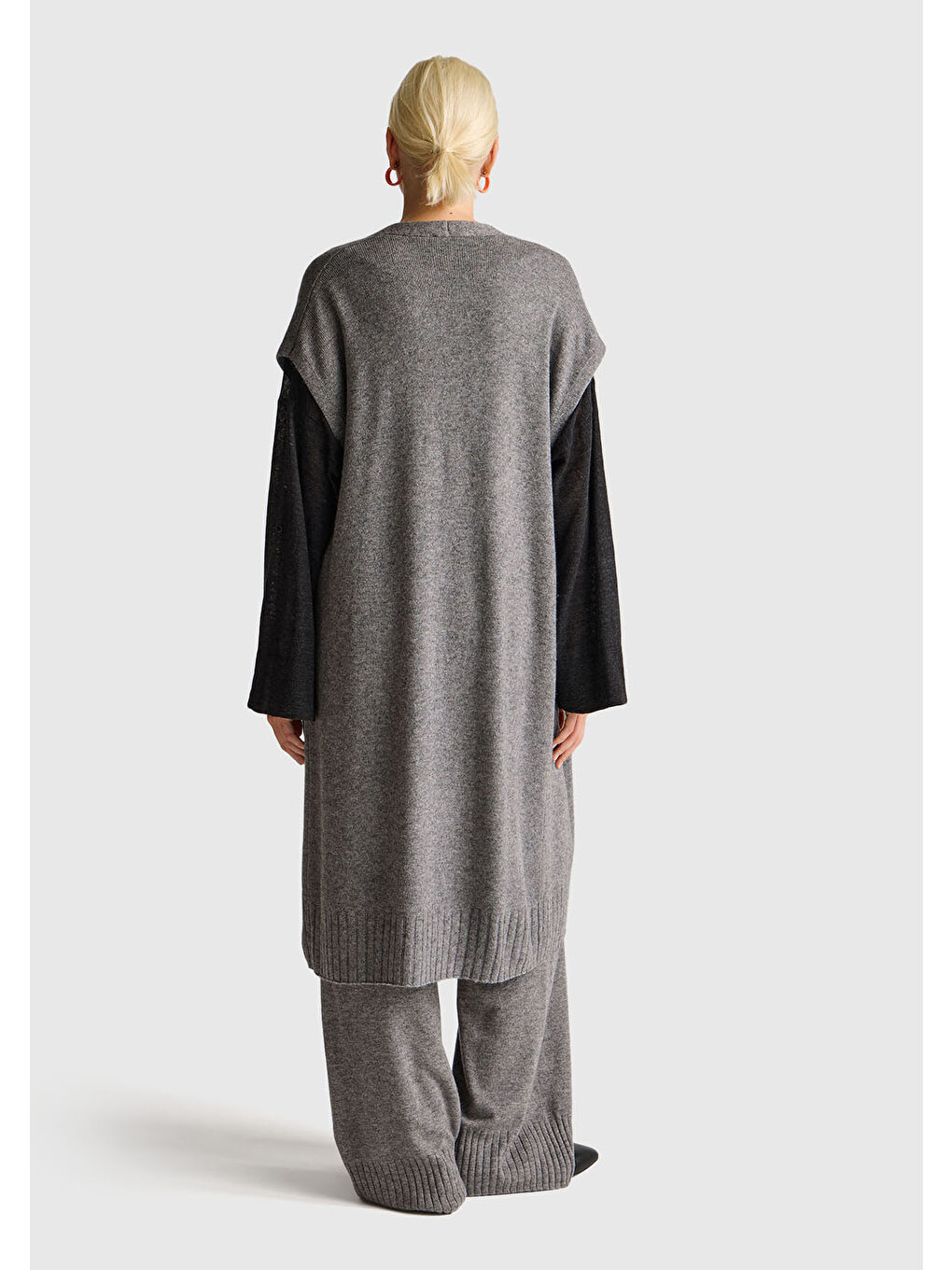 Gri Kadın Antrasit Melanj Yün ve Kaşmir Karışımlı Ribana Detaylı Kısa Kollu Uzun Hırka-2