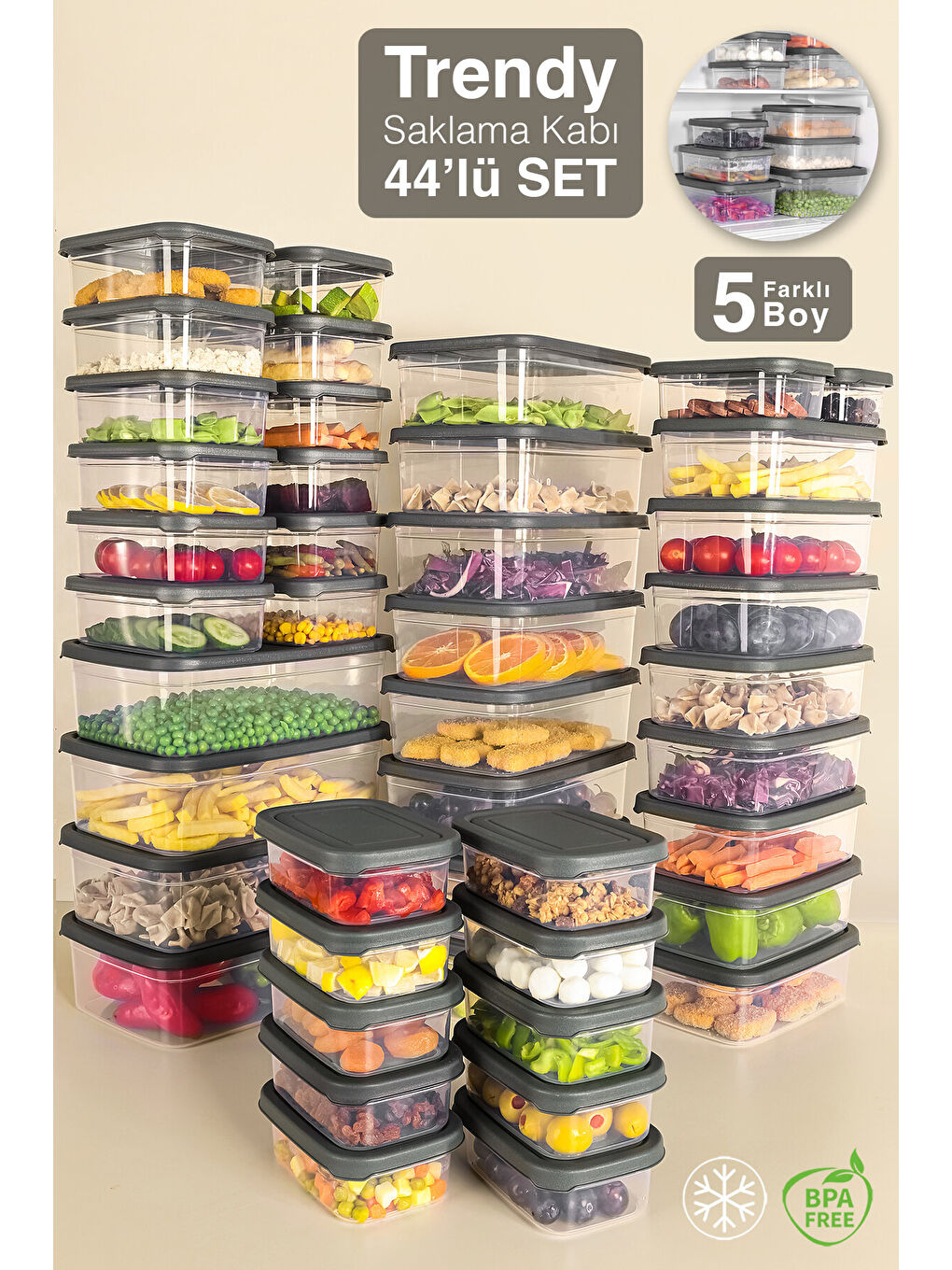 Gri 44'lü Dikdörtgen Erzak Saklama Kabı