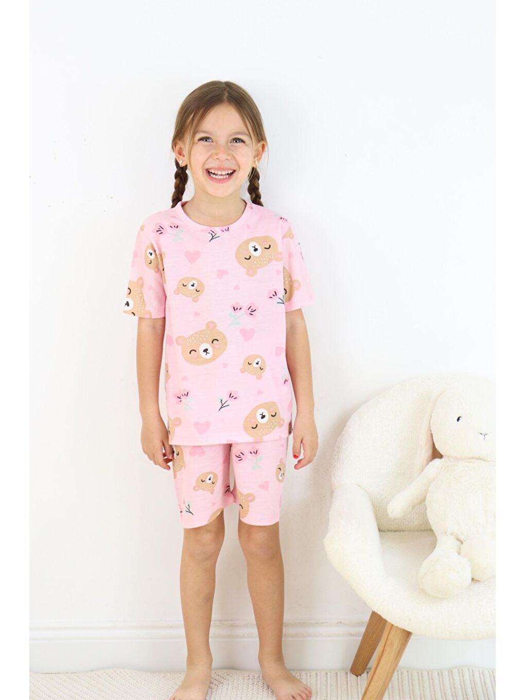 Harika KIDS Pembe Kız Çocuk Pamuklu Penye Kumaş Şortlu Pijama Takımı - 1