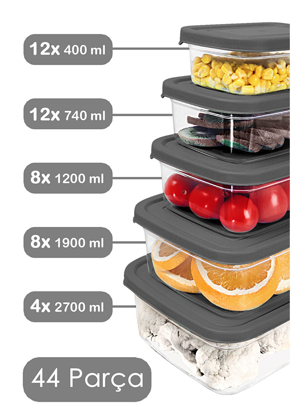 Gri 44'lü Dikdörtgen Erzak Saklama Kabı-1