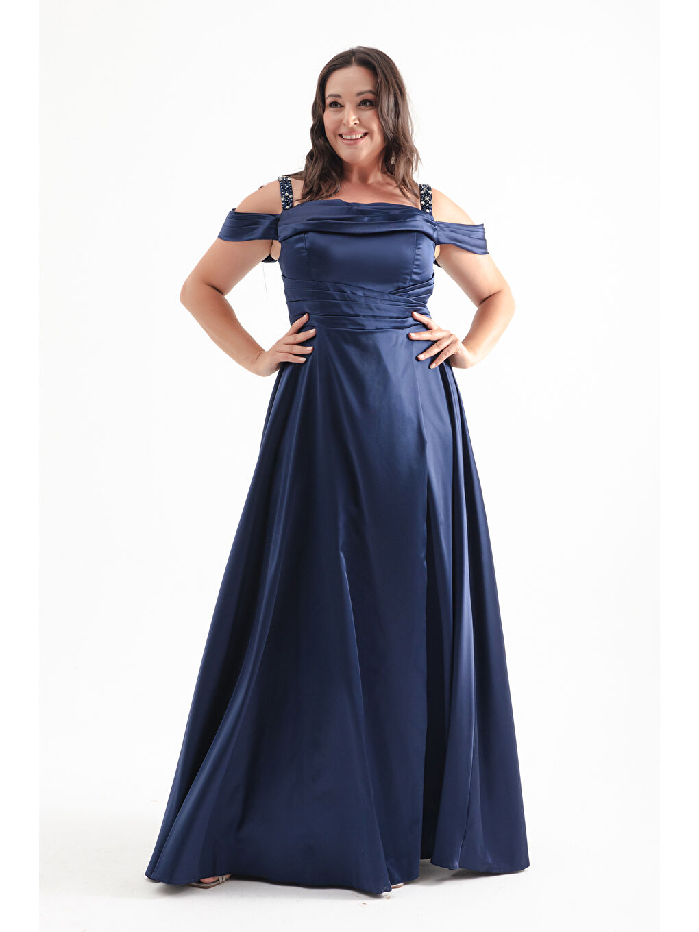 Kadın Lacivert Taş Askılı Drapeli Büyük Beden Uzun Abiye Elbise-3