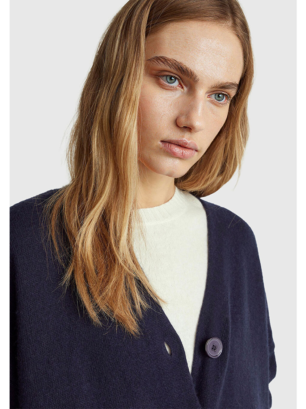 Kadın Lacivert Yün ve Viskoz Karışımlı Ribana Detaylı Düğmeli Hırka-5