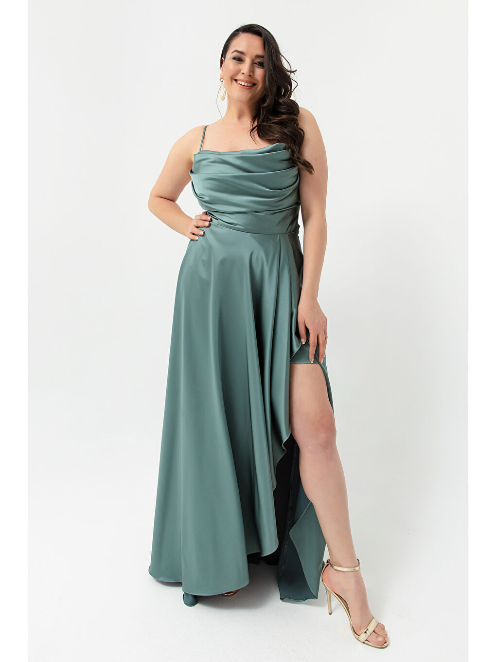 Mavi Kadın Firuze Volanlı Yırtmaçlı Büyük Beden Saten Abiye Mezuniyet Elbisesi-2