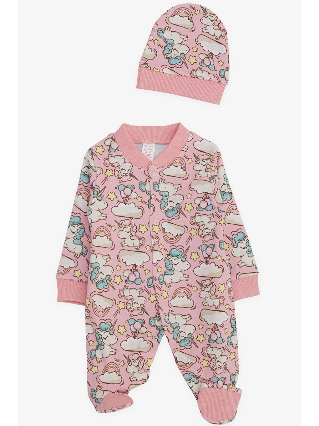 Kız Bebek Patikli Tulum  Desenli Gökyüzü Temalı Pembe (0-6 Ay)