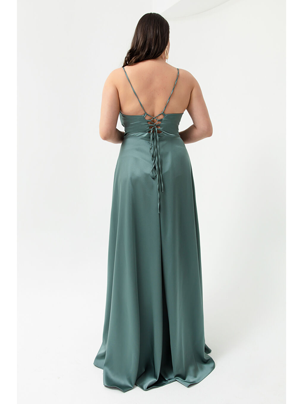 Mavi Kadın Firuze Volanlı Yırtmaçlı Büyük Beden Saten Abiye Mezuniyet Elbisesi-4