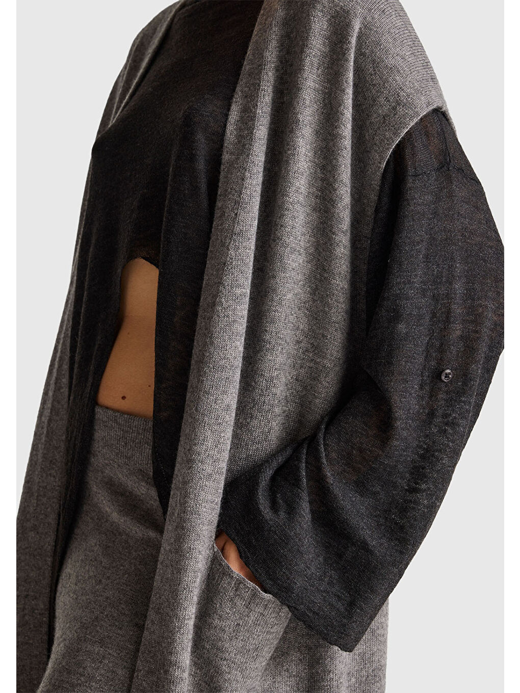 Gri Kadın Antrasit Melanj Yün ve Kaşmir Karışımlı Ribana Detaylı Kısa Kollu Uzun Hırka-5