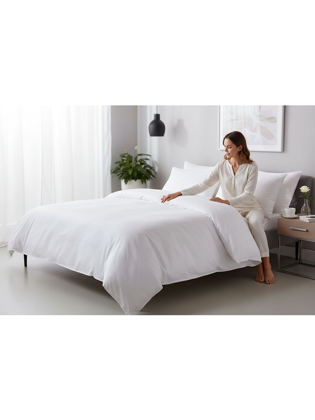 Beyaz Nivora Çizgili Pamuk Saten Nevresim Takımı | Çift Kişilik | 83 Tel Otel Serisi | King Size 220x230